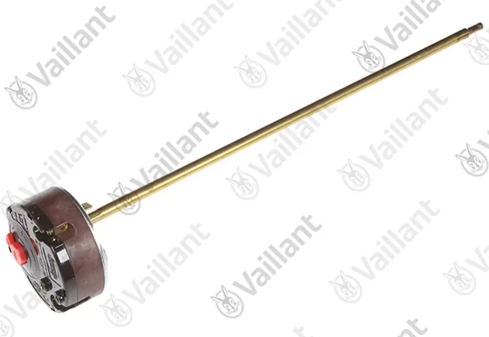 Thermostat von Vaillant mit einer langen Metallsonde und einem runden Gehäuse, das eine rote Taste enthält.